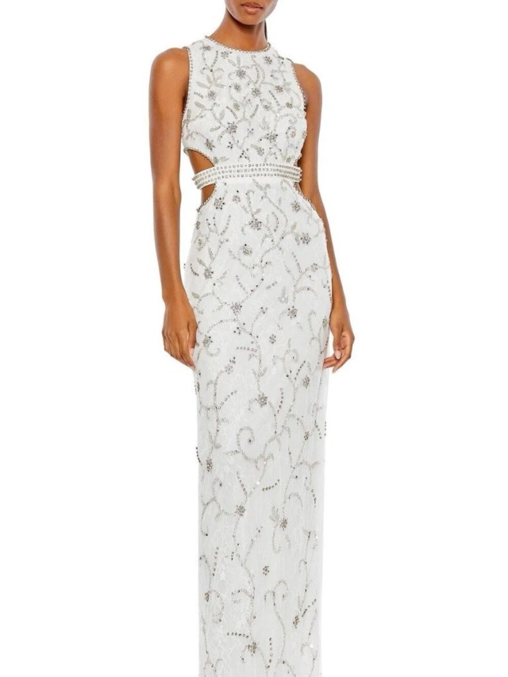 Mac Duggal Size 4 White 10873 Beaded Sleeveless Cut Out Column Formal Gown
